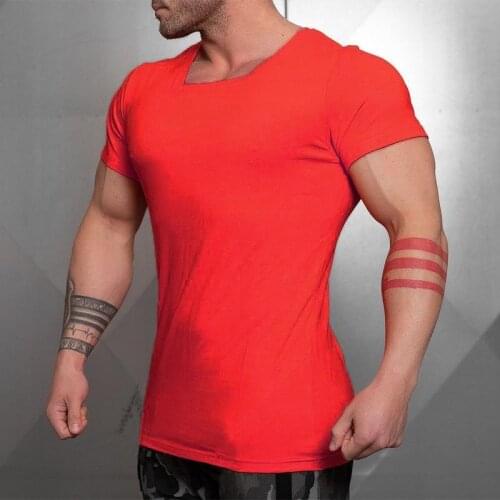 Mens Summer Cotton Pure Color Square Collar Short Sleeve T-shirt Gym Tshirt Bodybuilding Clothing Fitness Slim Fit Tee Shirt