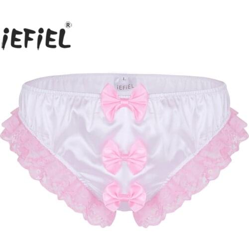 Mens Lingerie Sexy Panties Shiny Ruffles Floral Lace Three Bows Jockstraps Sissy Stretchy Briefs Bikini Underwear Underpants
