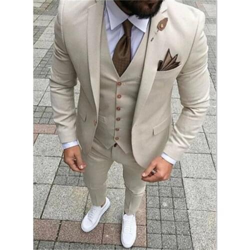 Men Custom Blazer Terno Masuclino Latest Coat Pant Designs Beige Men Suit Prom Tuxedo Slim Fit 3 Piece Groom Wedding Suits