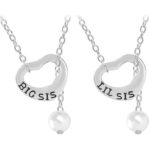 2017 New Design Fashion Alloy Letter LIL BIG SISTER Best Sister Hollow Out Imitation Pearl Pendant Necklace 12set/lot Gold Silve