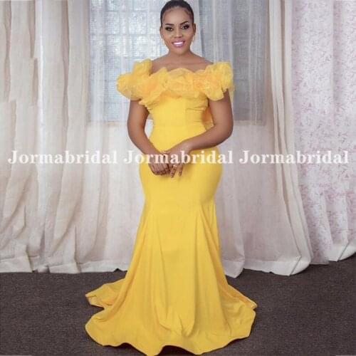 Off Shoulder Mermaid Bridesmaid Dresses With Organza Ruffle Gold Yellow Backless Wedding Guest Dress Plus Size Bridal Party Gown