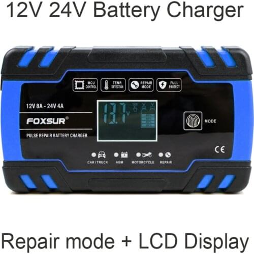 Fully Automatic Motorcycle Car Battery Charger 12V 24V 8A Fast Charging for AGM GEL WET Lead Acid Battery Charger LCD Display