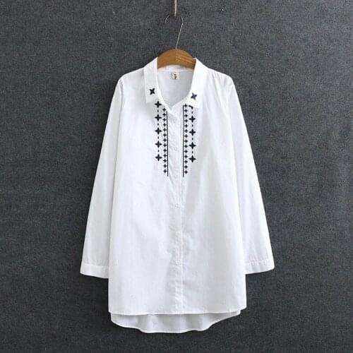 Plus Size White Blouse XL-4XL Long Sleeved Floral Embroidered Long Tops Officewear Muslim Clothing