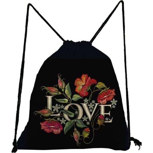 Bright Colors Floral LOVE Printed Backpack Beautifly Black Drawstring Bags Large Capacity Shoe Bag to School Portable Book Bag