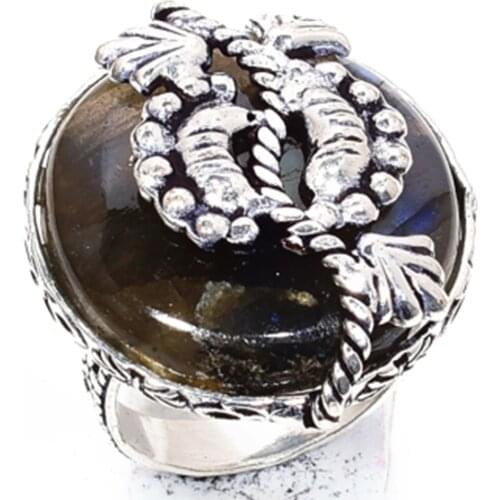 Labradorite Ring Silver Overlay over Copper, USA Size 6.75 , R5769