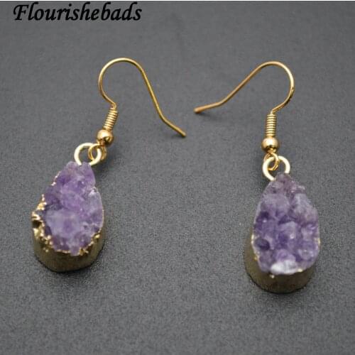 Drop Shape Natural Drusy Amethyst Stone Gold color Hooks Dangle Earrings Fashion Jewelry