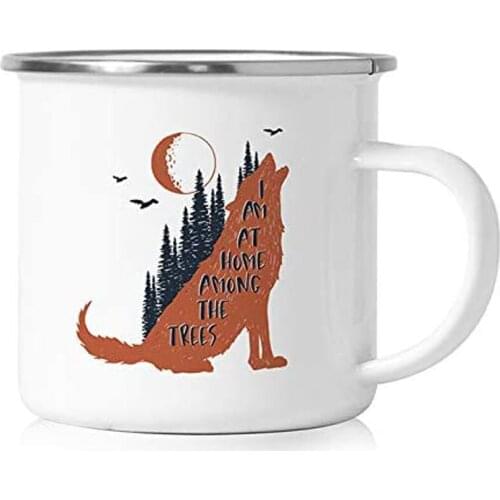Wolf Campfire Mug I Am At Home Among Rustic Enamel Coated Metal Camper Coffee Cup Retro Vintage Howling Camping Stainless Steel
