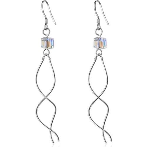 Wave beautiful pop fairy artificial crystal tassel long wave line silver plated earrings IR007