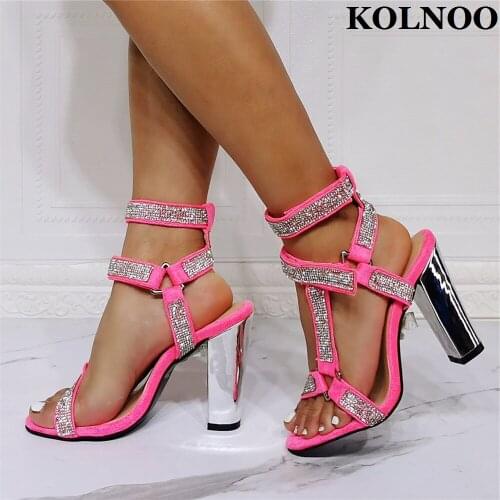 Kolnoo New 2022 Style Womens Chunky Heels Sandals Cross Crystal Sexy Party Prom Summer Shoes Evening Daily Fashion Club Shoes