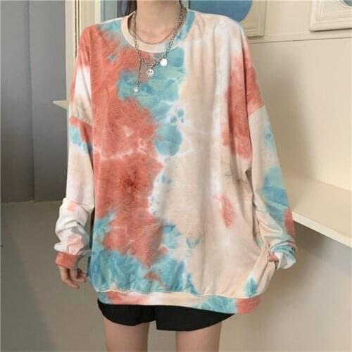 WomenS Tshirts Ulzzang Harajuku Top For Women Casual Tunic Kawaii Ladies Vintage Tie-Dye Printing Long Sleeve T-Shirt Female