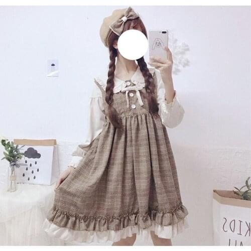 Preppy Style Japanese Womens Plaid Dress OP Long Sleeve Dress Cute Sweet Fake-two Pieces Patchwork Dress One Piece