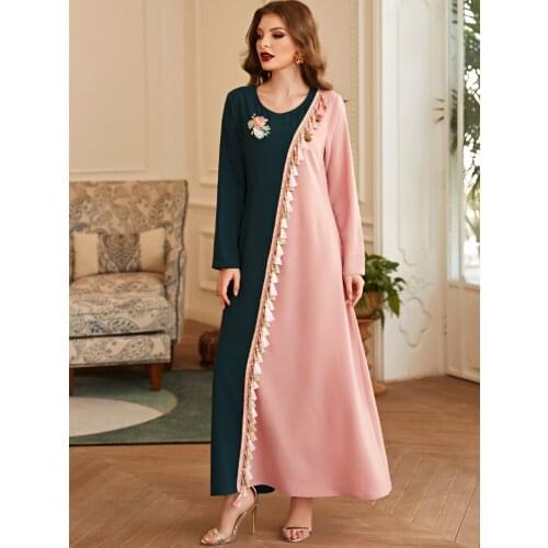 Siskakia Ethnic Tassel Floral ColorLong Dress Loose V Neck Full Sleeve Belt Dresses Abai Dubai Long Dress Arabic Clothes