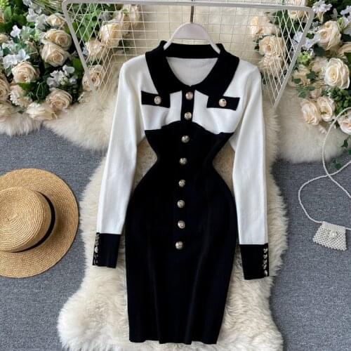 Ladies Spring Vintage Black White Patchwork Package Hip Knitting Dress Womens Long Sleeve Elasticity Pencil Knit Sweater Dress