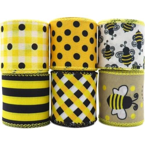 2.5" 63MM 6 Yards Bumble Bee Ribbons Wired Edge Yellow Gingham Ribbon for Craft & DIY , Butterfly Bow, Wreath, Y2021060701