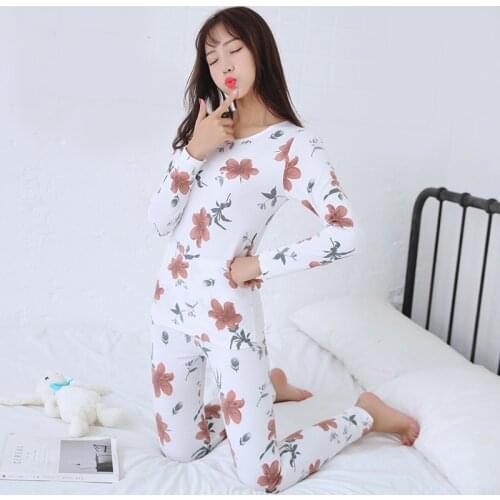 2018 Autumn Winter Thermal Underwear Sets for Women Long Sleeve Thick Warm Body Shaper Pajamas Girls Floral Print Sleepwear Suit