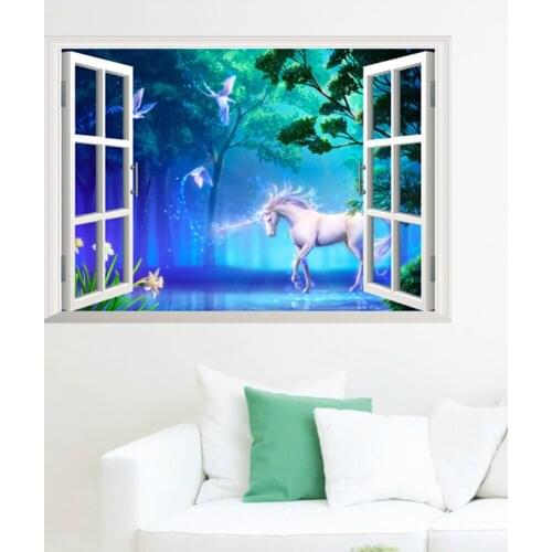 3D Window broken wall Forest Landscape in Four Seasons 3D Wall Sticker white horse Removable Wallpaper Home Decal Home Decor