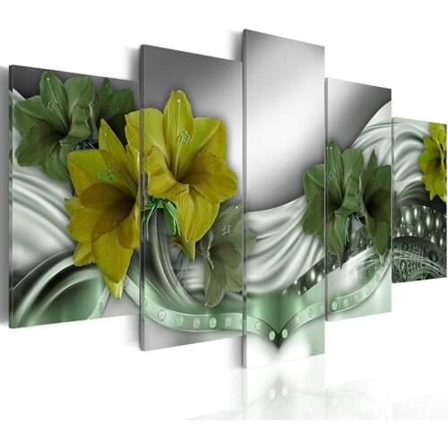 5 Pieces HD Print Wall Art Lilies Flowers Canvas Painting Red Green Blossom Pastel Modern Poster Pictures for Living Room Decor