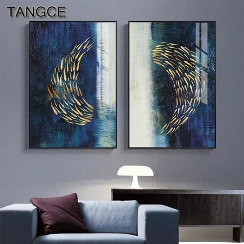 Abstract Golden Fish Canvas Painting Nordic Blue Poster N Print Modern Wall Art Pictures for Living Room Bedroom Pop Saudi Decor