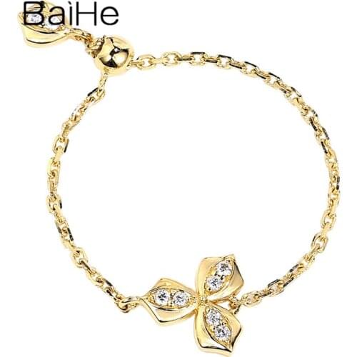 BAIHE Solid 18K White/Yellow/Rose Gold 0.05ct Round H/SI Natural Diamonds Ring for Women Fine Jewelry Wedding three leaf кольца