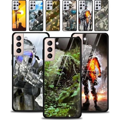 Army Soldier Camouflage Tempered Glass Cover For Samsung Galaxy S21 Plus Ultra M21 M31 M51 A52 A72 Phone Case Coque