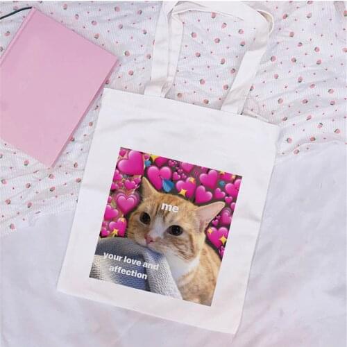 Cute Cat Expression Harajuku Fashion Shopping Canvas Tote Bag Environmental Protection Reusable Cloth Bag Handbag Shoulder Bags