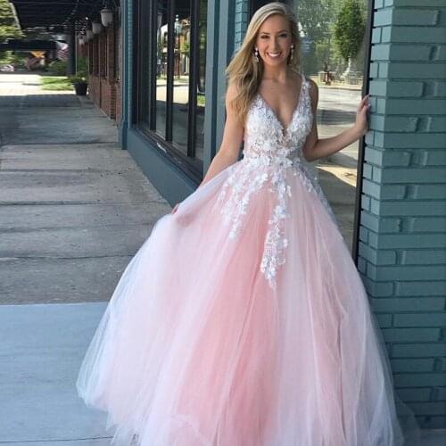 Illusion Blush Pink Prom Dresses Deep V-neck White Appliques 2019 Floor Length vestido de formatura A-line Formal Party Gowns