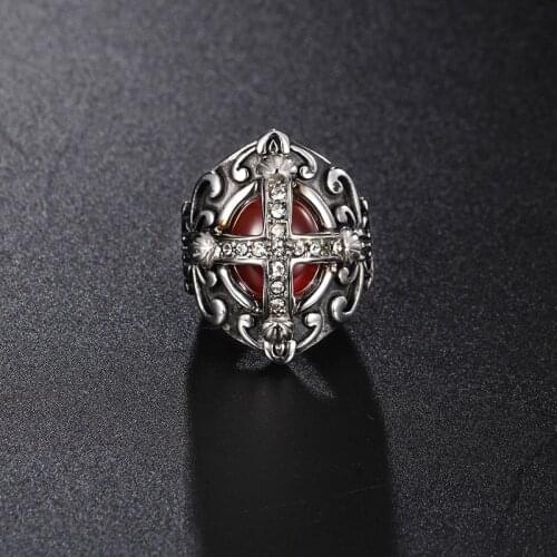 Fashion Retro Gothic Cross Red Stone Titanium Steel Ring punk Ring