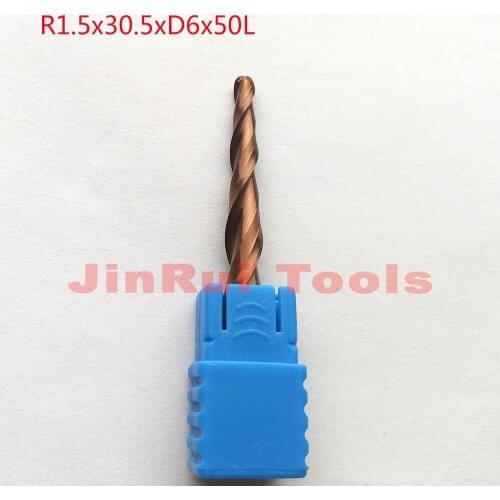 1pc R1.5*D6*30.5*50L*2F HRC55 Tungsten solid carbide Coated Tapered Ball Nose End Mills CNC milling cutters knife
