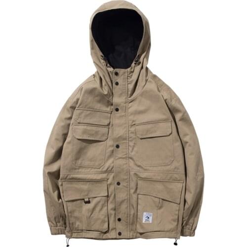 Khaki Cargo Jackets Coats Streetwear Tactical Function Pullover Harajuku Multi-pocket Hoody Windbreaker Coats Spring Autumn 2021
