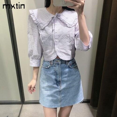 MXTIN 2021 Women Summer Vintage Striped Bow Tie Blouses Fashion Turn-down Collar Three Quarter Female Shirts Casual Blusas Tops