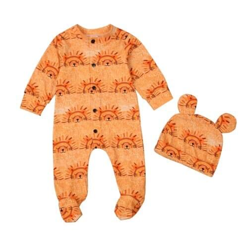 Newborn Baby Boys Girls Clothes 2Pcs Set Lion Pattern Round Collar Long Sleeve Button Jumpsuit + Cap with Ear