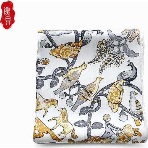 Elegant white 100% real silk satin women scarf printed with animals foulard femme square head scarfs bandana shawl gift for lady