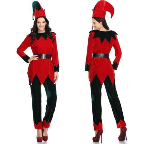 Christmas Velvet Suit Bright Red Top Dark Green Trousers With Christmas Hat Performance Costume