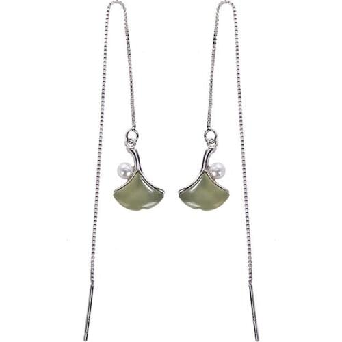 S925 sterling silver Hetian gray jade pearl ear string retro personalized ginkgo leaf Lady temperament eardrop earring