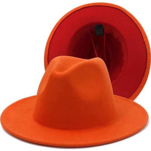 New Orange with Red Bottom Fedora Hats Women Wholesale Faux Wool Wide Brim Two Tone Jazz Hat Men Panama Party Wedding Formal Hat