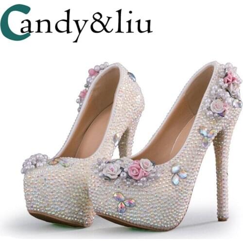White Pearl Wedding Shoes Sequin Crystals Mixed Color Rhinestone Women Pumps for Bridesmaid Party Evening Dress Handmade