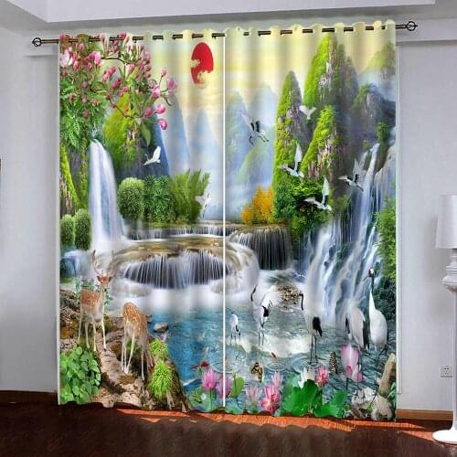 Beautiful landscape waterfall custom 3D Curtain Green Curtain animal flower photo Curtains Blackout Shade Window Curtains