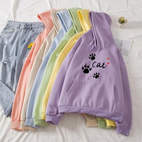 Autumn Winter Cat Paws Print Cotton Women Cartoon Oversized Women Hoodie Harajuku Kawaii Clothing Streetwear Hoodies Sweatshirt