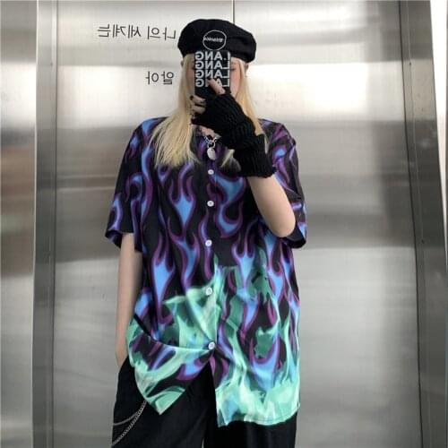 Unisex Women Loose Single Breasted Short Sleeve Turn-down Collar Hipster Gothic Top Man Cool 3D Fire Printed Shirt 2021 Summer