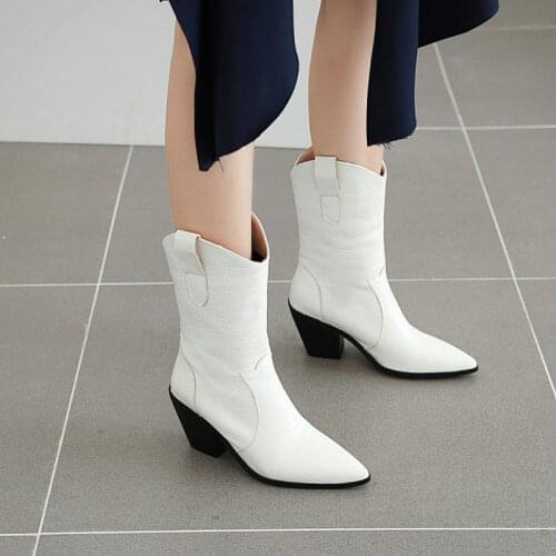 Yellow white blue womens boots pointed toe western cowboy loose boots riding chunky heels slip-on casual mid-calf boots woman