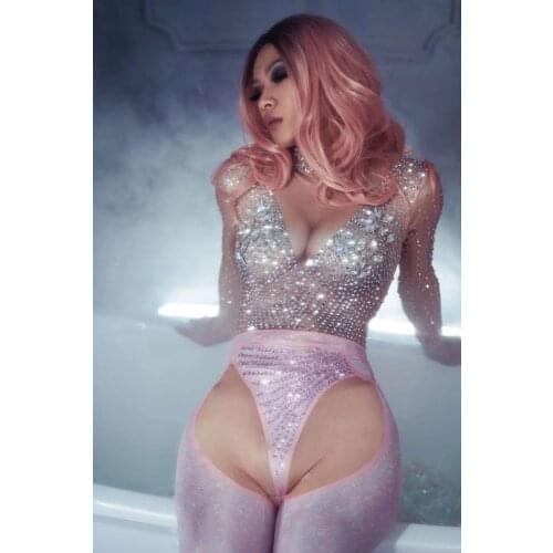 Women Party Rompers Spandex Outfit Evening Female Singer Dance Bodysuit Shining Rhinestones Costumes Long Sleeves Sexy Jumpsuit