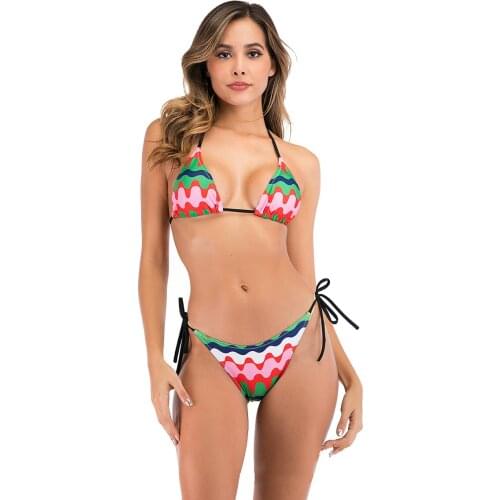 Women Fashion Print Halter Lace Up Triangle Bra Bikini Set Cheeky High Cut Tie Side Thong Beach Swimwear Sexy Backless Swimsuits