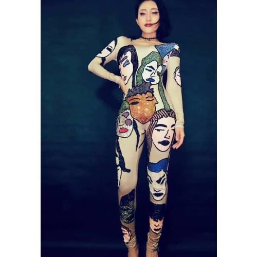 Colorful Head Crystal Jumpsuit Nightclub Bar Female Singer Dj One-piece Woman Stage Outfit Rhinestone Bodysuit