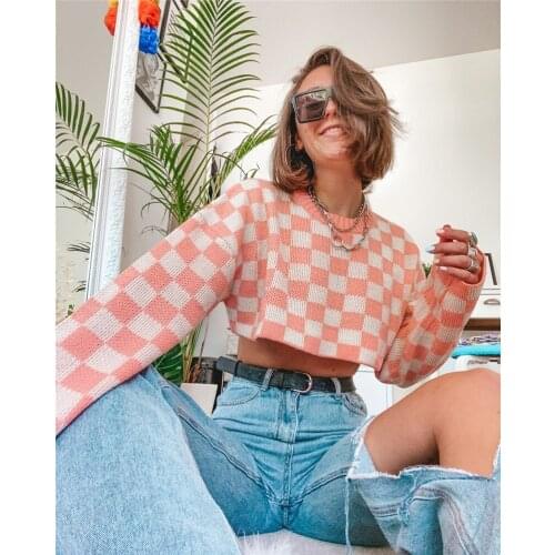 Women cropped sweater plaid knitted pullover tops pink sweater fall clothes for women o-neck full sleeve womens sweaters clothes