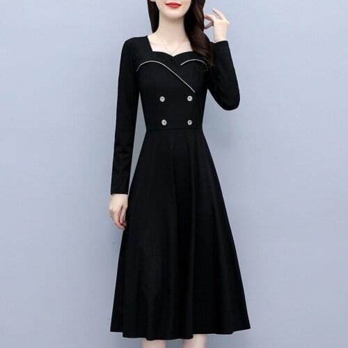 Womens Black Elegant Fashion Dress Party Cocktail Birthday Long Sleeve Autumn Dress A-Line Office Ladies Work Wear Swing Dresses
