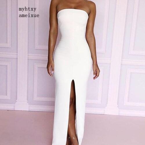 Simple Slit White Mermaid Evening Dress 2020 Elegant Strapless Ankle Length Fromal Dresses for Wedding Party Robe De Soiree