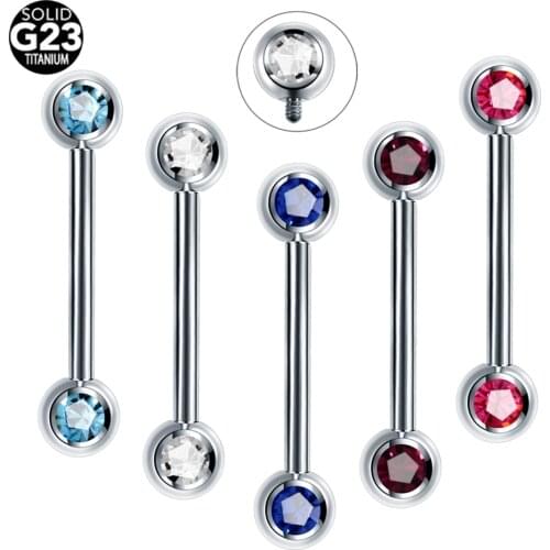 1PC G23 Titanium Crystal Gem Tongue Barbell Rings Piercing Internally Thread Nipple Bar Earring Piercing Sexy Body Jewelry 14G
