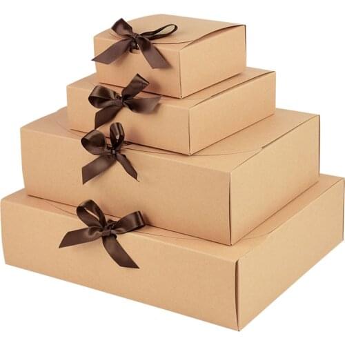 1Pcs Kraft Paper Brown Gifts Box With Bow White Wedding Favor Candy Cake Boxes For Baby Shower Wedding Party Gift Packing Decor
