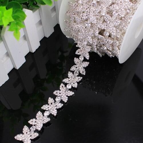 1 Yard Handmade Silver sewing tassel fringe DIY sew on trimming bridal crystal clear rhinestone patch appliques for Bridal dress