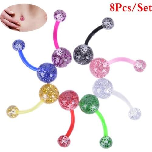 8PCS/Set Mix Colorful Acrylic Glitters Belly Button Navel Ring Barbell Fashion Body Piercing Jewelry Decorations For Women Girls